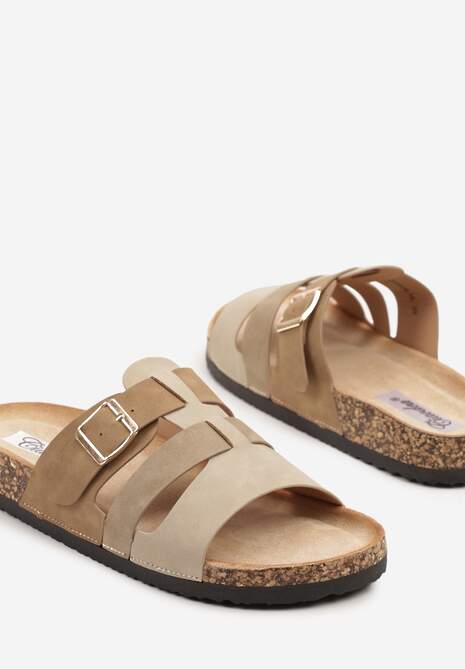 Beżowe Klapki z Ozdobnymi Paskami ze Sprzączką Derice