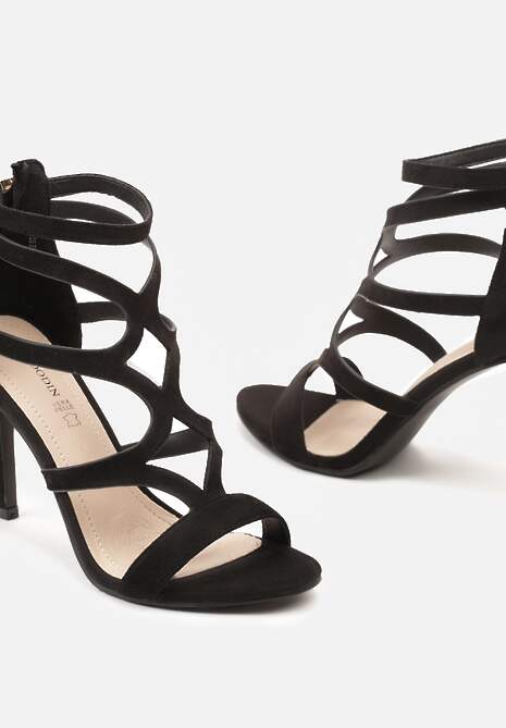 Czarne Sandały Szpilki ze Skórzaną Wkładką i Ozdobnymi Paskami na Suwak Perseisa