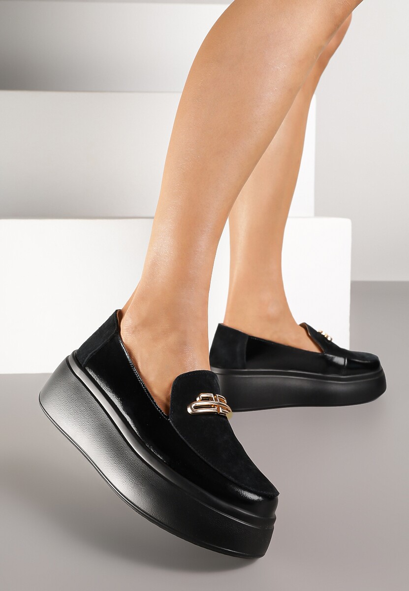 Czarne Półbuty na Platformie i Koturnie ze Skóry Naturalnej z Metaliczną Aplikacją Takaria