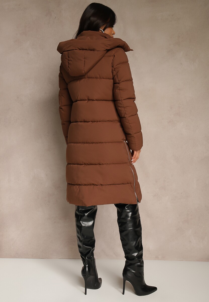 Brązowa Kurtka Ozdobiona Pikowaniem z Odpinanym Kapturem i Suwakami po Bokach Zaiden