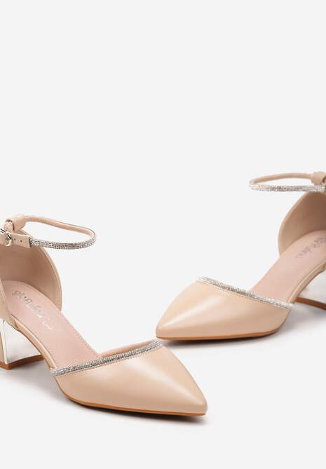 Beżowe Czółenka na Słupku Ozdobione Cyrkoniami ze Skórzaną Wkładką Kaldia