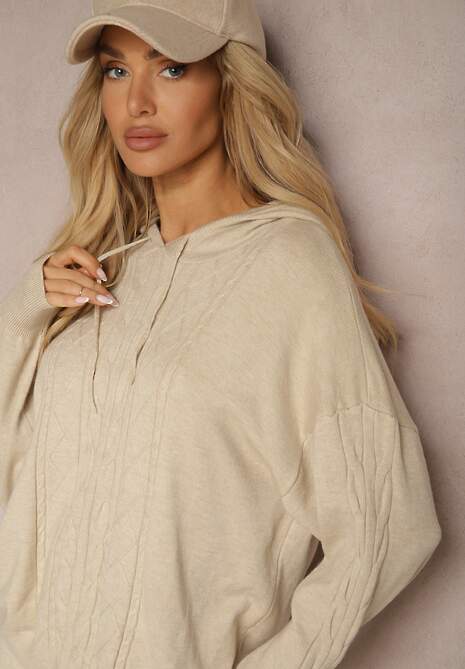Jasnobeżowy Komplet z Dzianiny Oversizowa Bluza z Kapturem i Spodnie z Szerokimi Nogawkami Mathuva