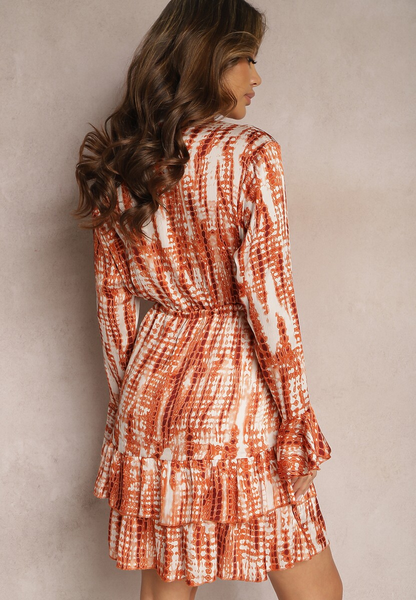 Pomarańczowa Rozkloszowana Sukienka w Akwarelowy Wzór z Falbankami Heava