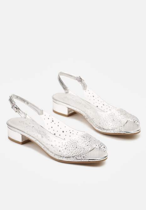 Srebrne Przezroczyste Sandały ze Skórzaną Wkładką Ozdobione Cyrkoniami Sadorise