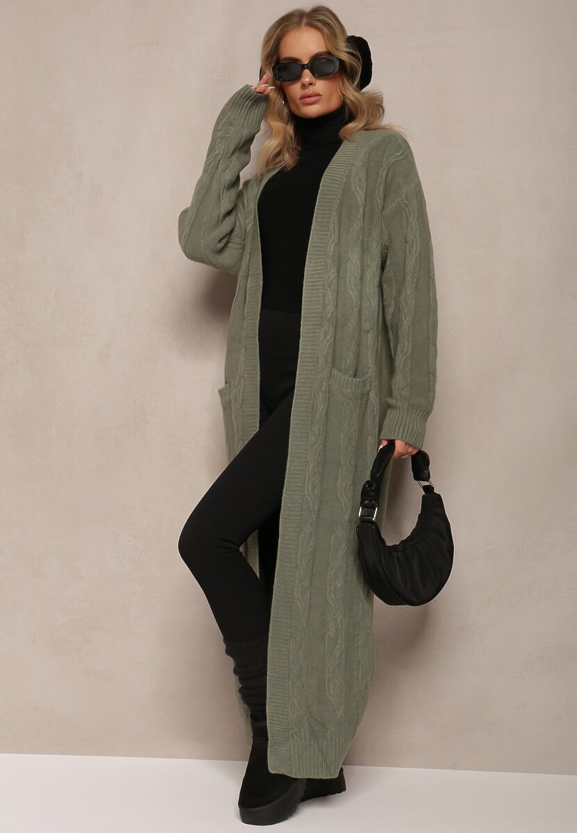 Beżowy Kardigan o Wydłużonym Fasonie Niezapinany ze Splotem w Warkocz Ottimia