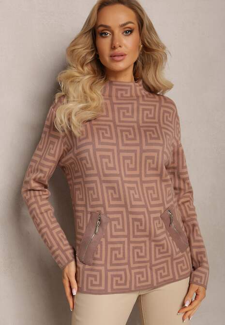 Ciemnobeżowy Sweterkowy Półgolf z Dzianiny o Geometrycznym Motywie i Dodatkowymi Zamkami Vulla