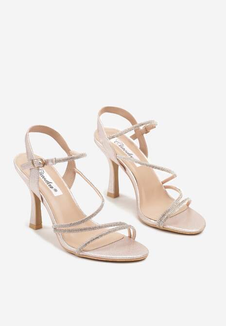 Szampańskie Sandały na Szpilce z Ozdobnymi Paskami i Cyrkoniami Wanilia