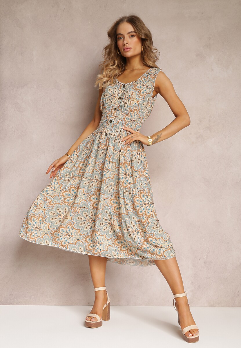 Miętowo-Brązowa Kwiecista Sukienka Midi z Cienkimi Gumkami w Talii i Falbankami Jallia