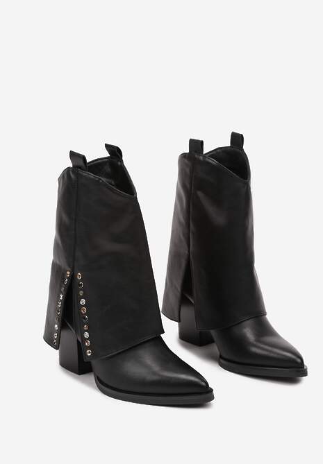 Czarne Botki na Stożkowym Słupku Kowbojki z Wywiniętą Cholewką Mavora