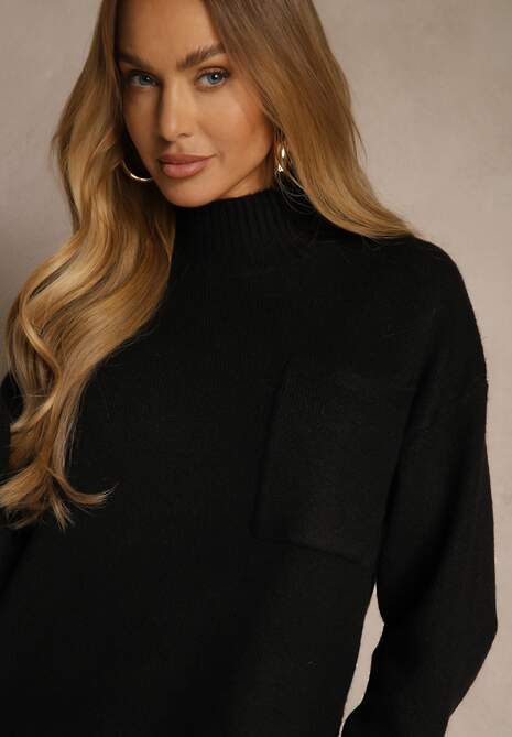 Czarna Sukienka z Półgolfem z Dzianiny z Wiskozą i Dodatkiem Wełny Nessla