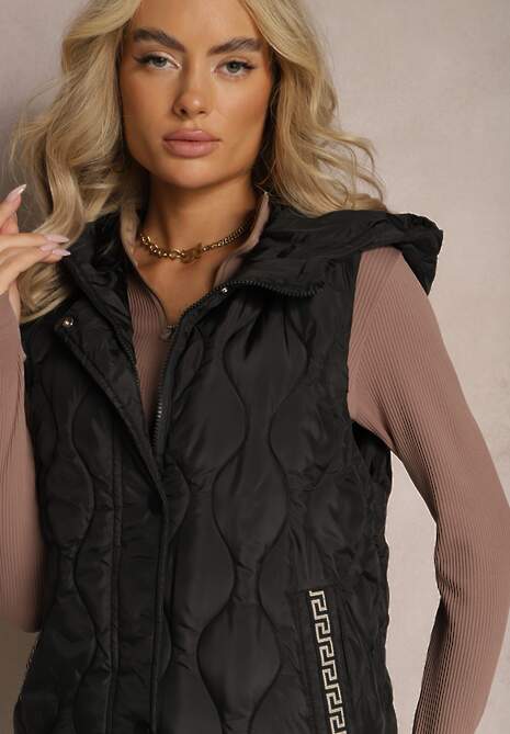 Czarna Długa Kamizelka Pikowana z Kapturem Nallona