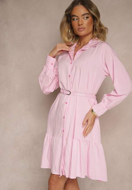 Różowa Koszulowa Sukienka z Wiskozą Zakończona Falbanką Tirzedi