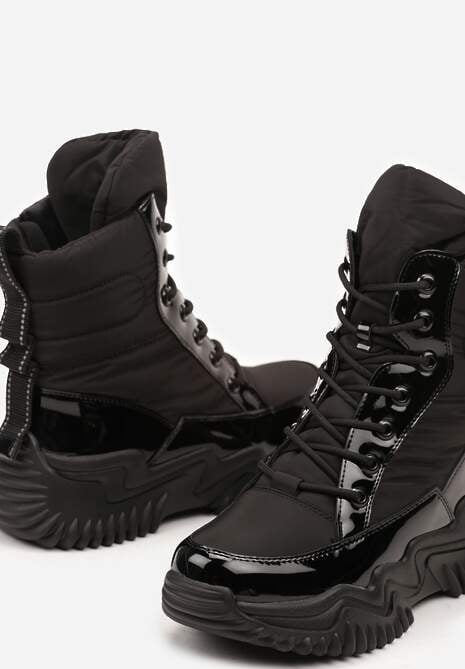 Czarne Sznurowane Śniegowce na Platformie Ozdobione Tłoczeniem Cedirina