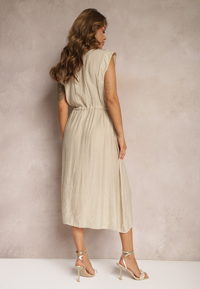 Beżowa Koszulowa Sukienka z Wiskozy bez Rękawów ze Ściągaczem w Talii Noreviana