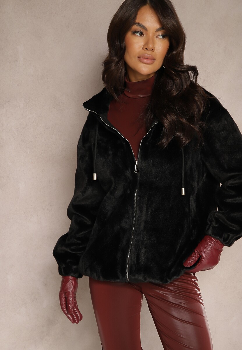 Czarna Kurtka ze Stójką z Futerka na Suwak Izanithea