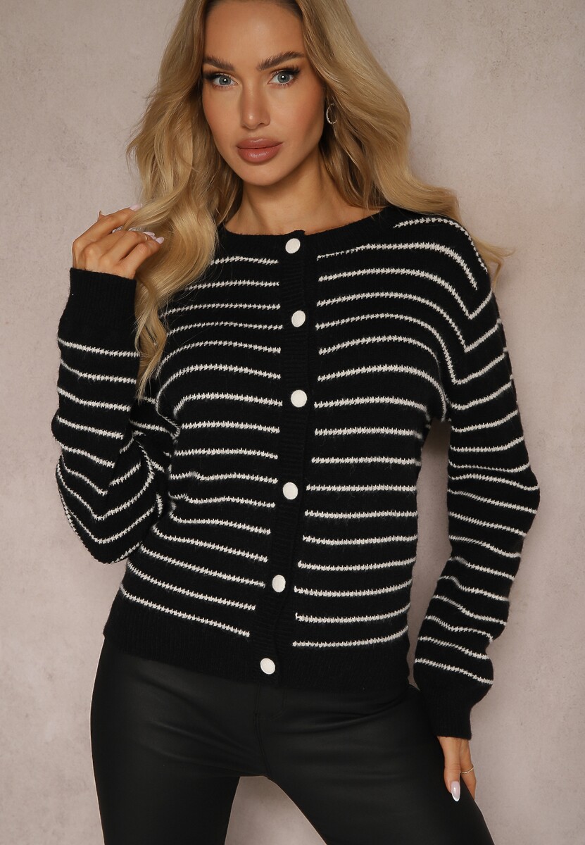 Czarny Kardigan w Paski Zapinany na Guziki Irihae