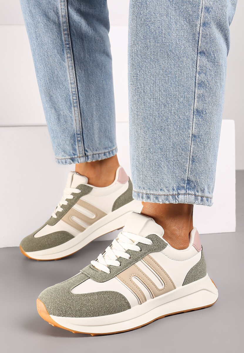 Zielone Sznurowane Sneakersy na Płaskiej Podeszwie Ozdobione Paskami Nevlaia