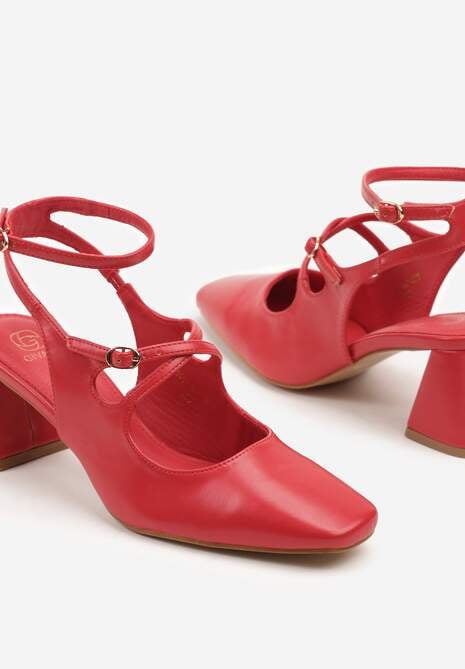 Czerwone Sandały na Obcasie w Stylu Retro Mary Jane z Ozdobnymi Paskami Zenozi