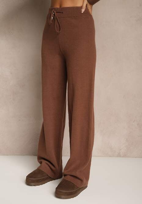 Brązowy Komplet z Dzianiny z Wełną Pasiasty Sweter i Spodnie Ralleia