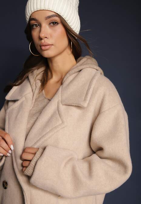 Jasnobeżowy  Dwurzędowy Płaszcz Oversize z Wełną Spolete