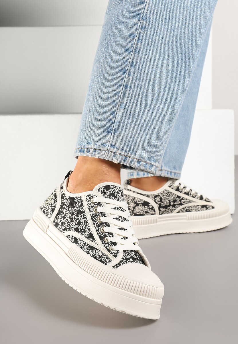 Czarno-Beżowe Trampki na Platformie z Abstrakcyjnym Wzorem Wulinea