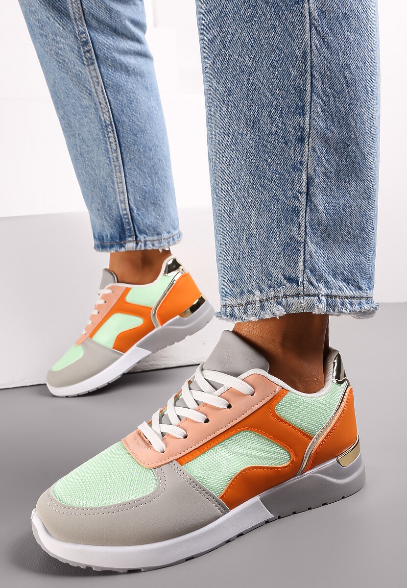 Szaro-Zielone Sneakersy na Grubej Podeszwie z Metaliczną Wstawką Paria