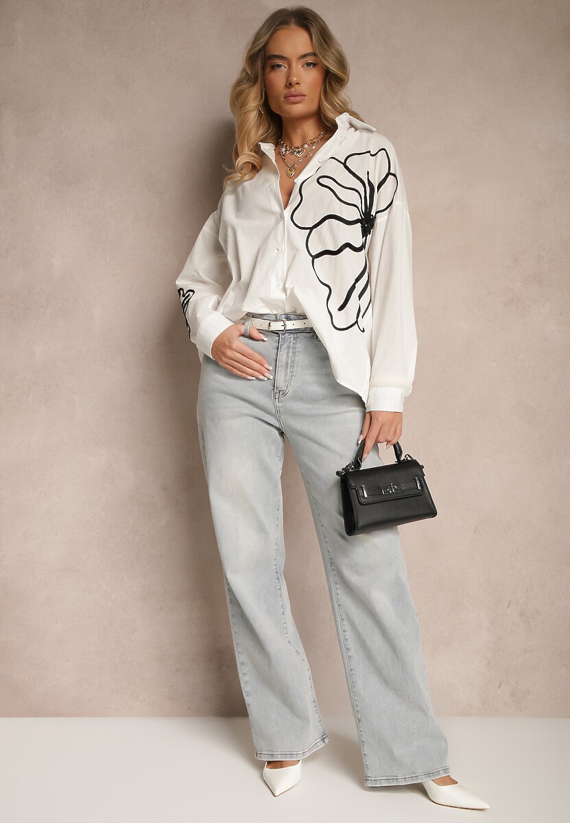 Biała Koszula z Bawełny z Ozdobną Aplikacją z Kwiatami Frolreia