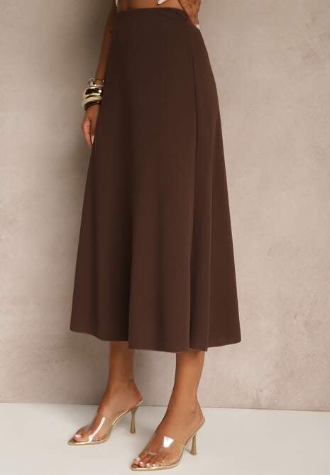 Ciemnobrązowa Midi Spódnica Rozkloszowana o Klasycznym Fasonie Namettia
