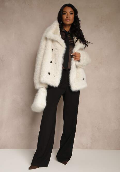 Beżowa Dwustronna Kurtka Biker Ozdobiona Futerkiem Flitta