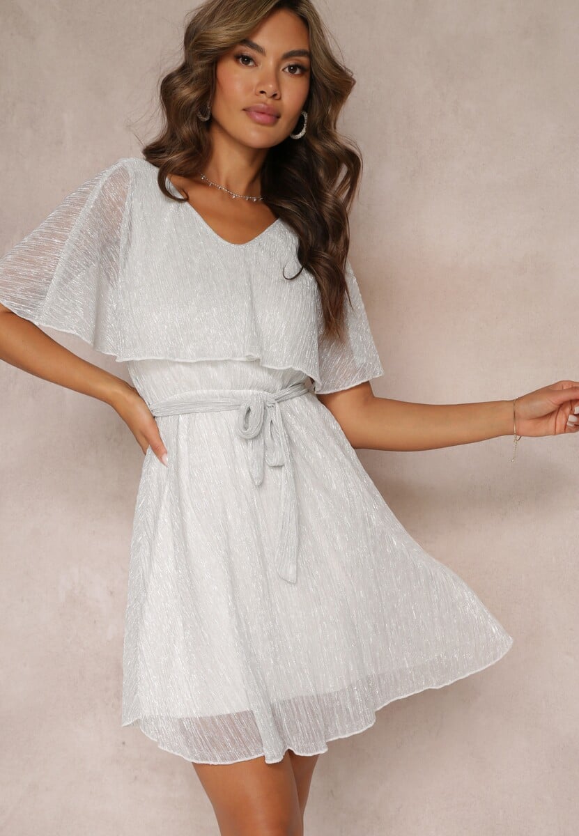 Jasnoszara Sukienka Mini z Metaliczną Nitką i Gumką w Pasie Eullas