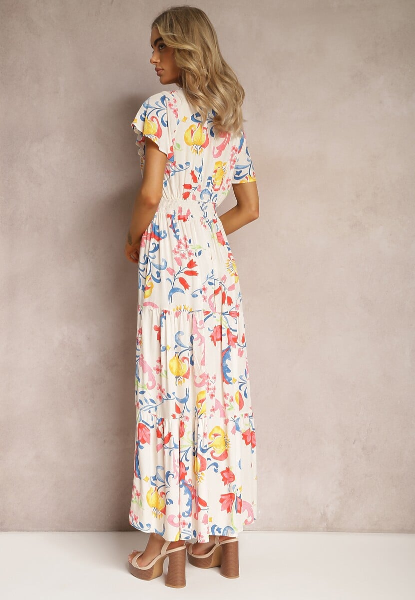 Biała Kwiatowa Sukienka o Rozkloszowanym Fasonie Maxi z Wiskozy z Falbanką Acatie