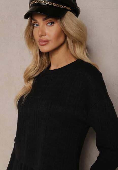 Czarny Dzianinowy Komplet z Wiskozą Bluzka i Spódnica Ozdobiona Rozcięciem Ilirina