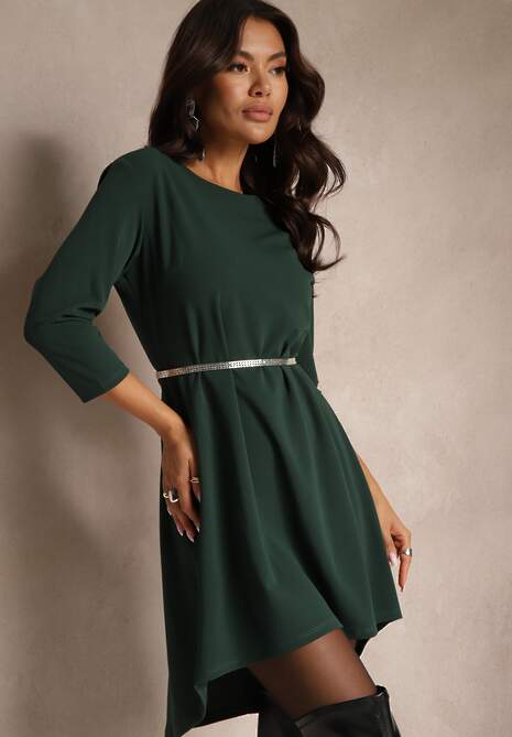 Zielona Sukienka o Trapezowym Kroju z Dłuższym Tyłem Gemivra