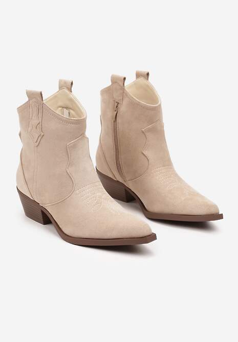 Beżowe Botki na Słupku w Stylu Kowbojek Zapinane na Suwak Evirene