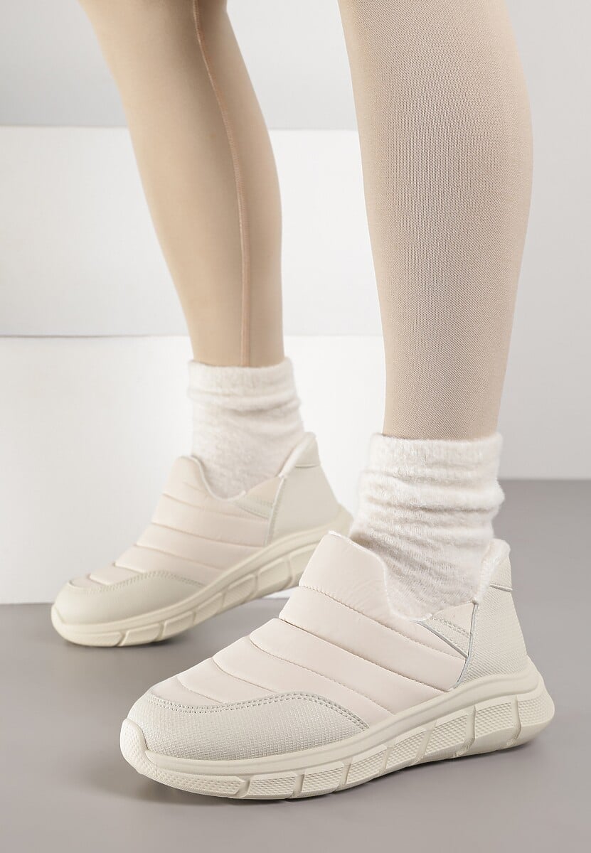 Beżowe Sneakersy Śniegowce na Platformie z Tłoczeniem i Pikowaną Cholewką Vermina