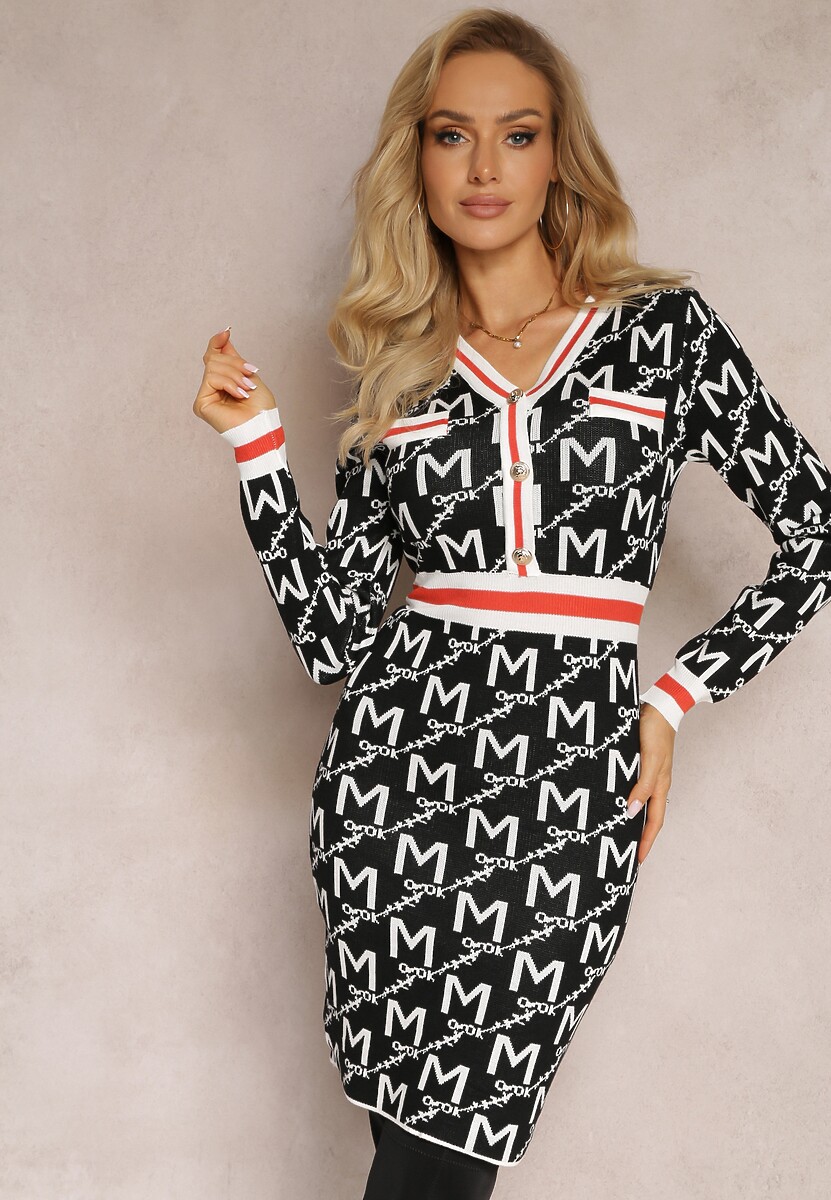 Czarno-Biała Dzianinowa Sukienka z Guzikami Sicomes