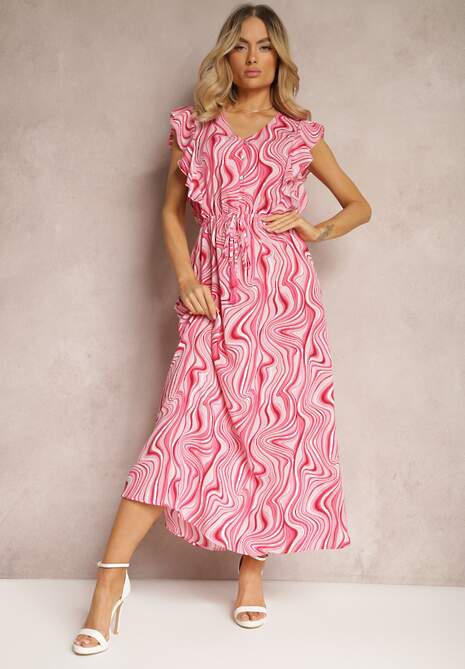 Różowa Rozkloszowana Sukienka z Guzikami i Gumką w Talii Mottella