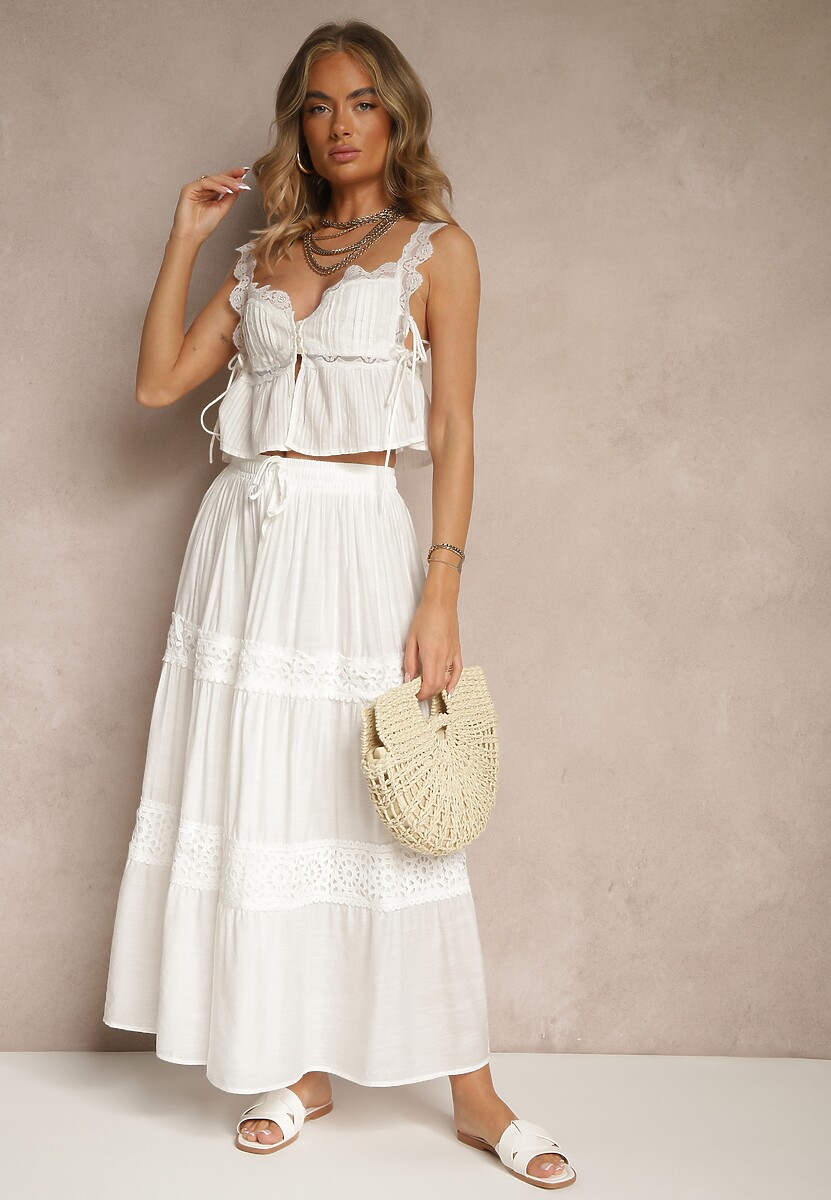 Biała Rozkloszowana Spódnica z Wiskozą Zdobiona Koronką Bannela