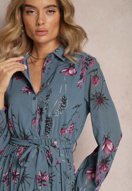 Granatowa Sukienka Plisowana w Kwiaty Emiranda