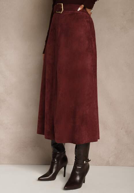 Bordowa Spódnica z Wiskozy z Bawełną z Imitacji Zamszu z Paskiem Oliweda