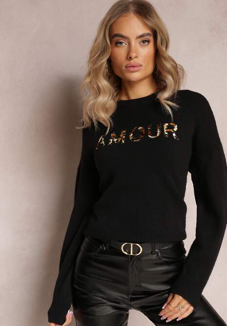Czarny Sweter z Naszywkami z Napisem Amour Mavilla