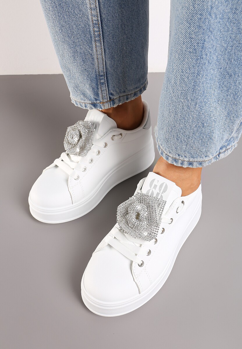 Biało-Srebrne Sneakersy na Platformie z Aplikacją Kwiatu 3D z Cyrkoniami Navilda