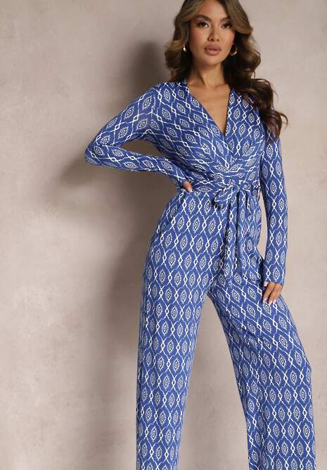 Granatowy Taliowany Kombinezon z Szerokimi Nogawkami i Wiązanym Paskiem Acaelia