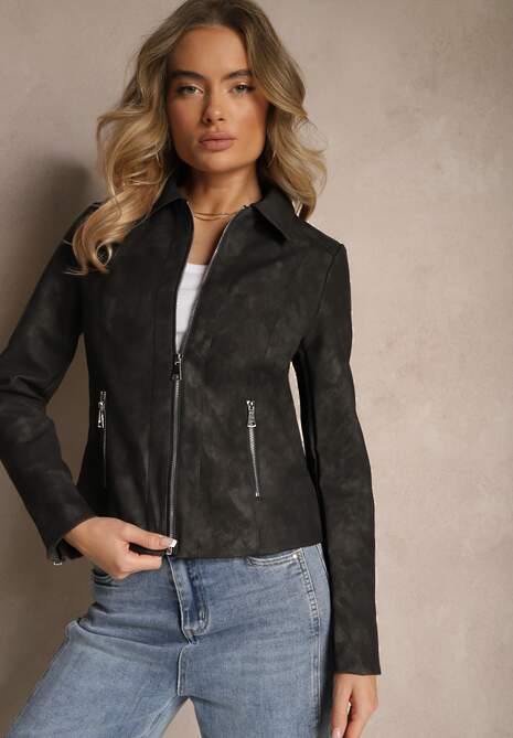 Czarna Kurtka o Kroju Ramoneski Ozdobiona Kołnierzykiem Ravvezia