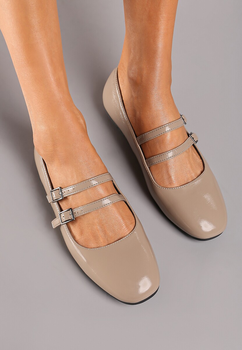 Ciemnobeżowe Balerinki na Płaskiej Podeszwie Wykończone Paskami Sprzączkami i Skórzaną Wkładką Nasnae