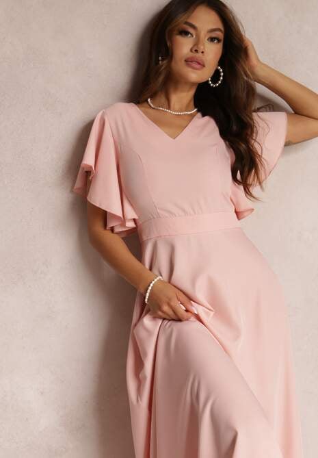 Różowa Sukienka o Rozkloszowanym Kroju z Falbanami Bouchard