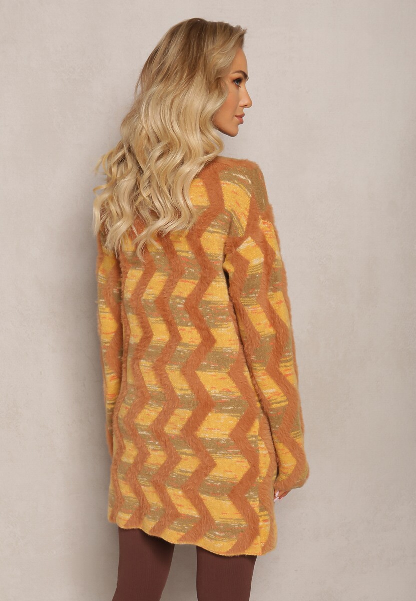 Brązowy Luźny Kardigan Niezapinany w Geometryczny Print Sheshy
