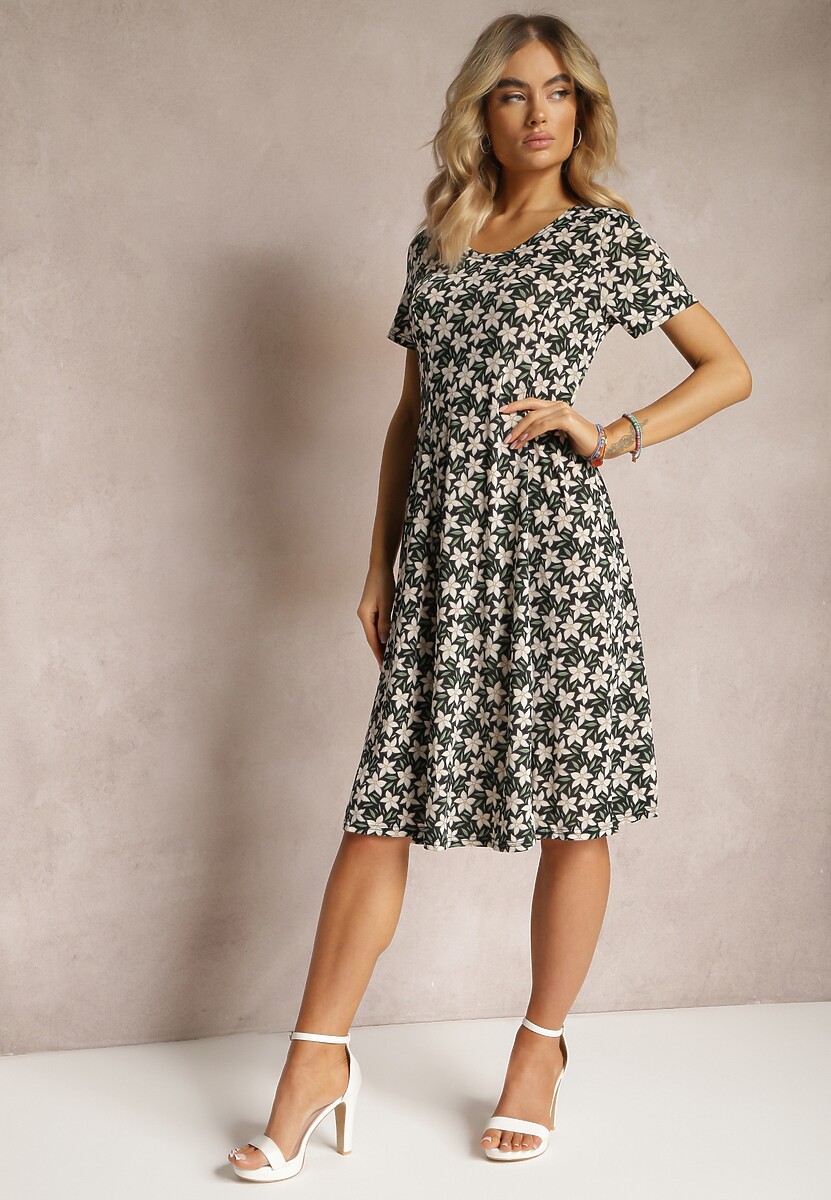 Czarno-Beżowa Sukienka Midi z Wiskozy z Krótkim Rękawem i Kwiatowym Printem Juniboria
