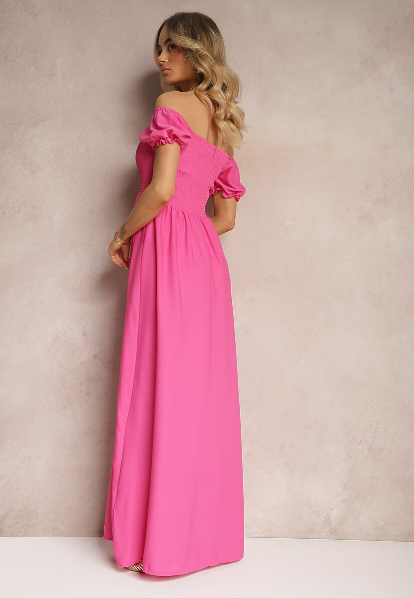 Różowa Sukienka z Gumeczkami w Talii i Przy Dekolcie z Rozkloszowanym Dołem Anideta