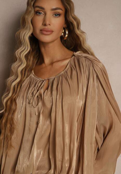 Brązowa Bufiasta Sukienka Zdobiona Trenem i Wiązaniem z Falbanami Lunoriela